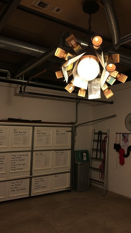 25+ Creative Garage Art Ideas to Transform Your Space 13 A unique light fixture made from paint cans and a central bulb, hanging in a garage.