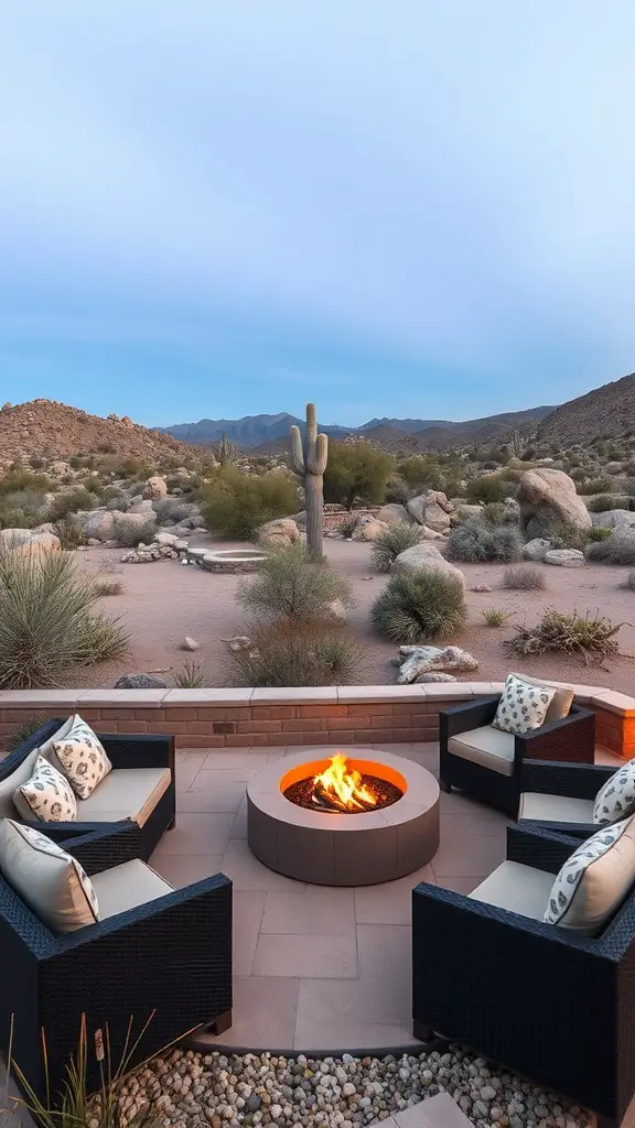 25+ Stunning Desert Landscaping Ideas for Your Front Yard 11 Cozy fire pit area in a desert landscape with comfortable seating and natural elements.