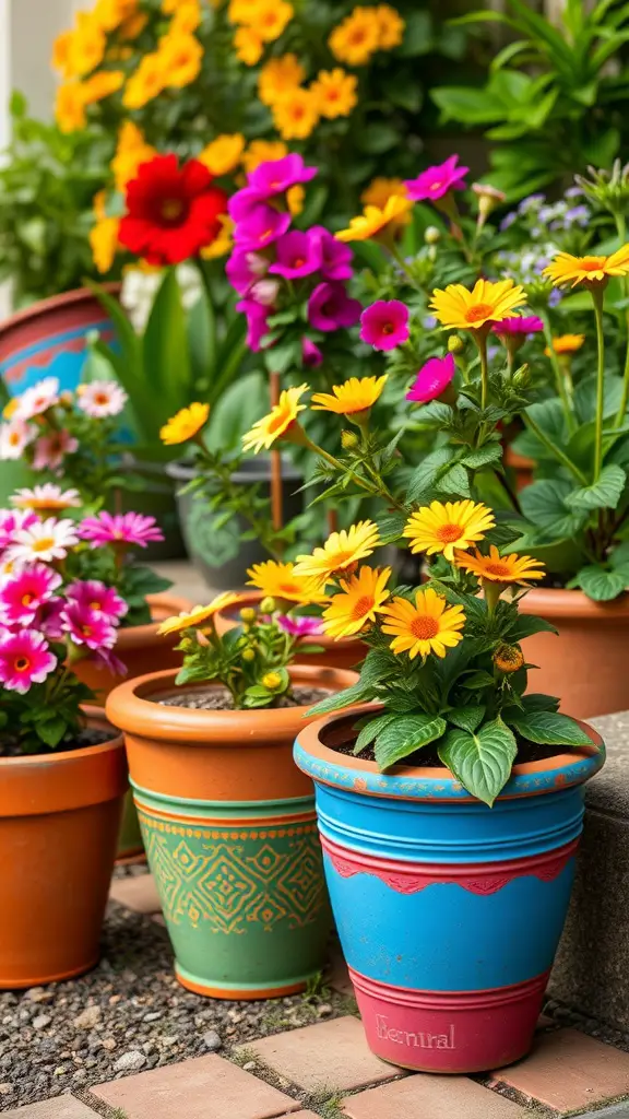 25+ Unique Plant Pot Designs You Need to Try 7 A collection of colorful terracotta pots with vibrant flowers, showcasing different designs and patterns.