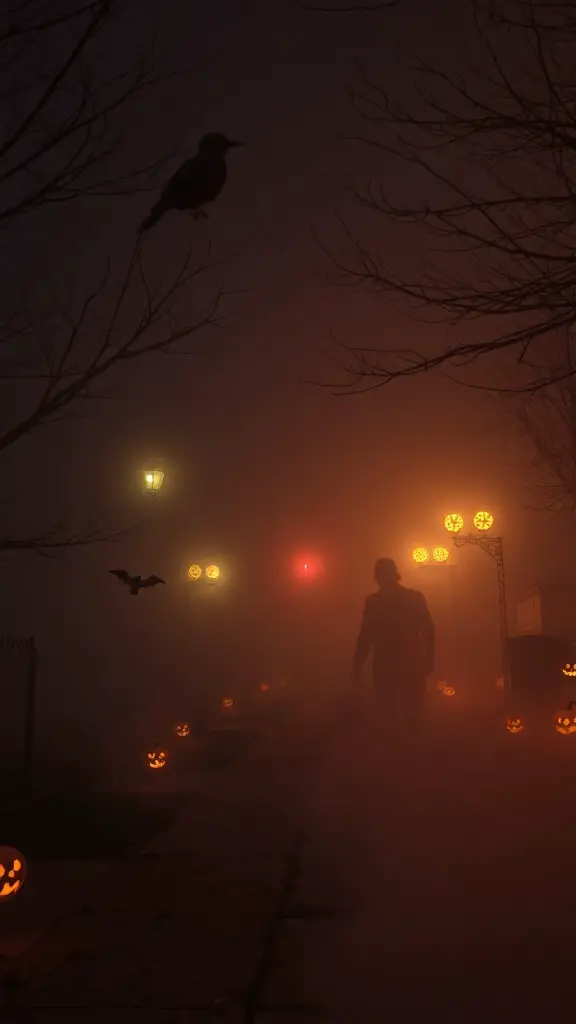 A foggy Halloween scene with glowing jack-o'-lanterns and a shadowy figure.