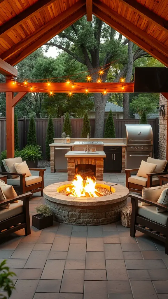 23+ Inspiring Backyard Kitchen Ideas to Elevate Your Outdoor Cooking Experience 17 A cozy backyard kitchen featuring a fire pit surrounded by comfortable seating and string lights.