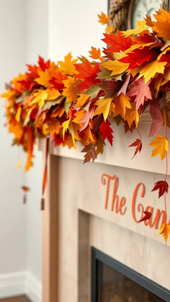 25+ Must-Try Fall Crafts for Adults 15 Autumn garland made of colorful fabric leaves hanging above a fireplace