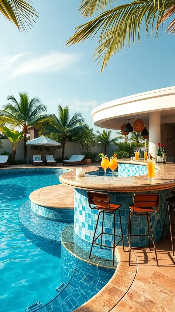 23+ Stunning Semi Inground Pool Ideas for Your Backyard Oasis 6 A beautiful poolside bar with stools, surrounded by palm trees and a scenic view.