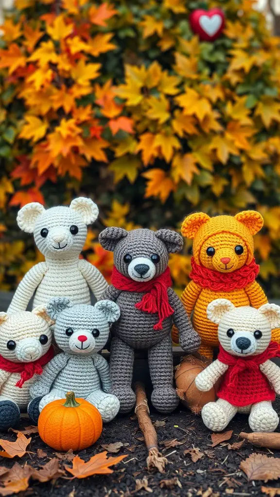 23+ Cozy Fall Crochet Ideas You’ll Love 16 A group of crochet animals in fall colors, featuring bears and bunnies with scarves, set against a backdrop of autumn leaves and a small pumpkin.