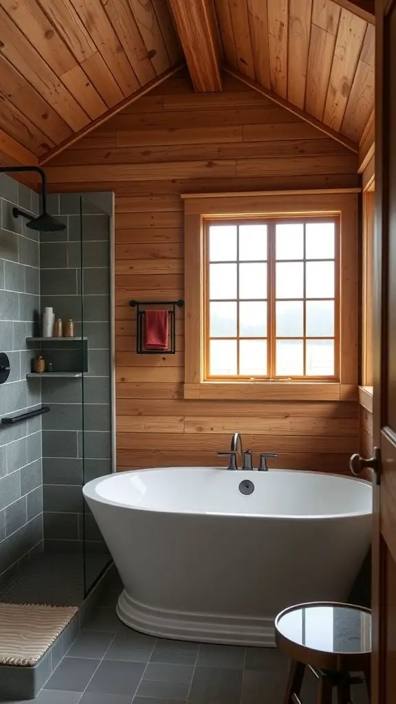 25+ Inspiring Modern Barndominium Ideas You’ll Love 7 A modern bathroom featuring wooden walls, a freestanding bathtub, and a glass shower.