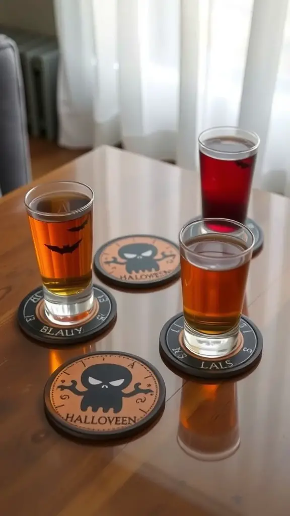 21+ Spooky and Creative Halloween Crafts for Adults 11 Halloween-themed coasters with bat and spider designs, alongside drinks and a pumpkin.