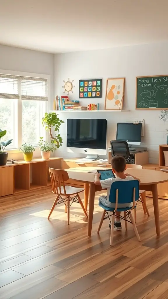 23+ Cozy Homeschool Room Ideas for a Perfect Learning Space 13 A cozy homeschool room featuring a child at a table with a computer, surrounded by plants and educational decor.
