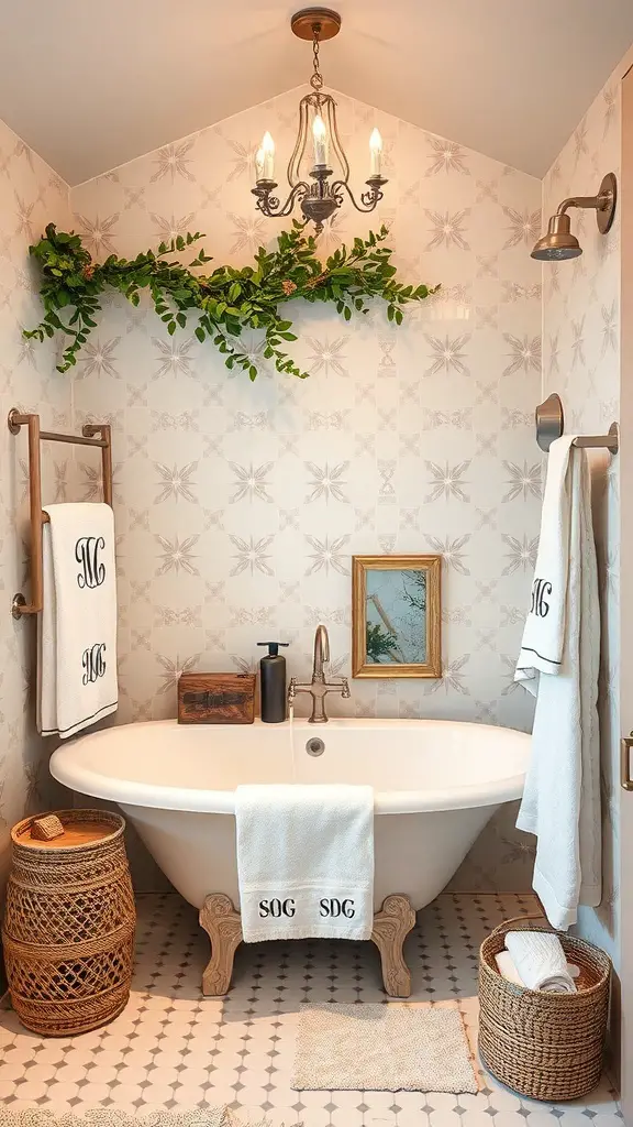 25+ Spa Bathroom Ideas for a Relaxing Retreat at Home 14 A spa-like bathroom featuring a bathtub, greenery, monogrammed towels, and woven baskets.