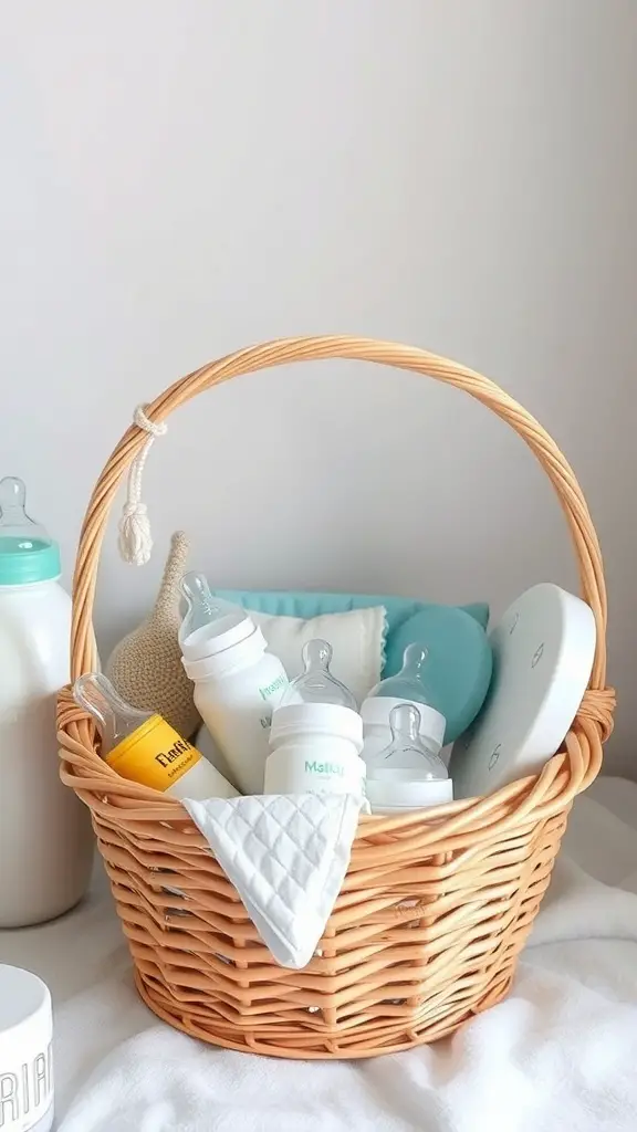 15+ Creative Baby Bottle Organization Ideas for a Clutter-Free Space 14 A wicker basket filled with baby bottles and accessories, neatly organized for easy access.
