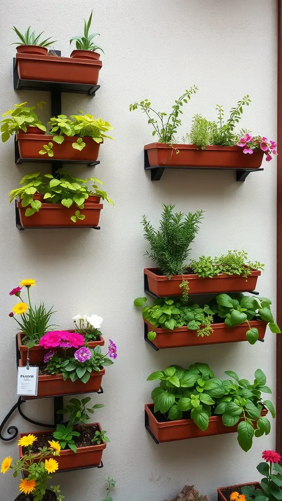 25+ Unique Plant Pot Designs You Need to Try 17 A wall-mounted terraced vertical garden with various plants in brown planters.
