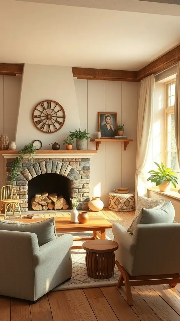 25+ Stylish Bloxburg Living Room Ideas You’ll Love 11 Cozy living room with stone fireplace, wooden accents, and potted plants