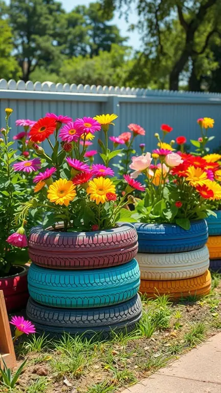 21 Creative Container Garden Ideas for Small Spaces 6 Colorful stacked tire planters filled with blooming flowers