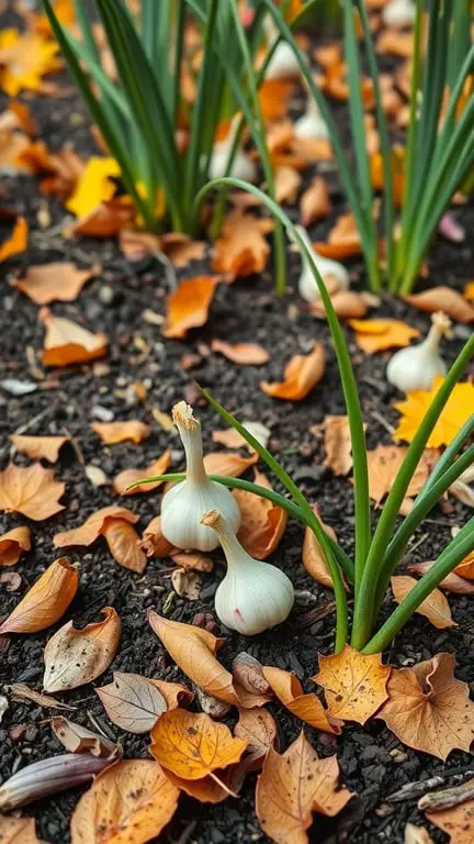 19+ Must-Grow Fall Garden Vegetables for a Bountiful Harvest 2 Garlic and green onions growing in a garden surrounded by autumn leaves.
