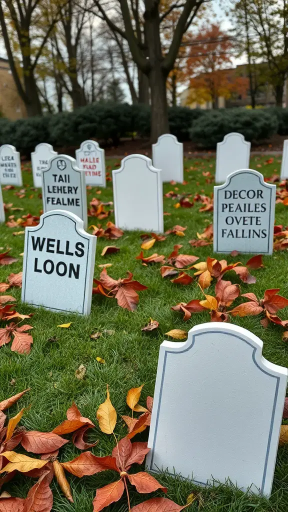 23+ Spooky DIY Outdoor Halloween Decorations to Enchant Your Yard 2 A collection of DIY tombstones in a grassy area with fallen leaves.