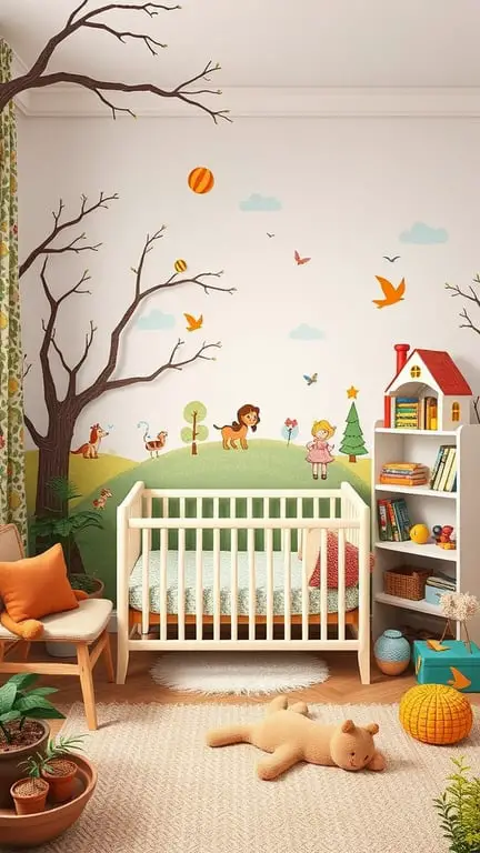 27+ Whimsical Baby Nursery Ideas for a Dreamy Space 11 A whimsical baby nursery featuring playful wall art, a cozy crib, and cheerful decor.