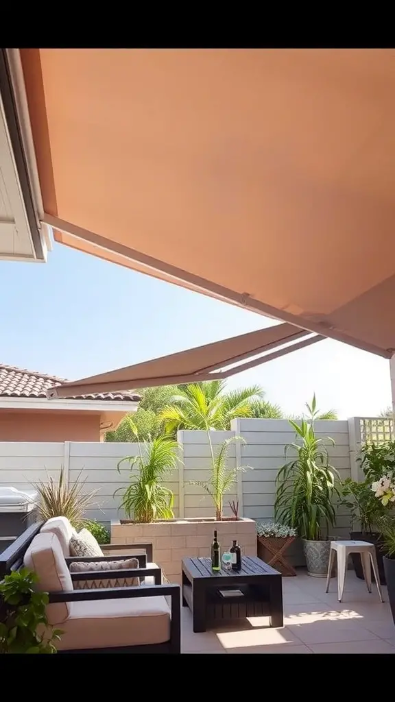 A patio featuring a retractable awning, comfortable seating, and plants.