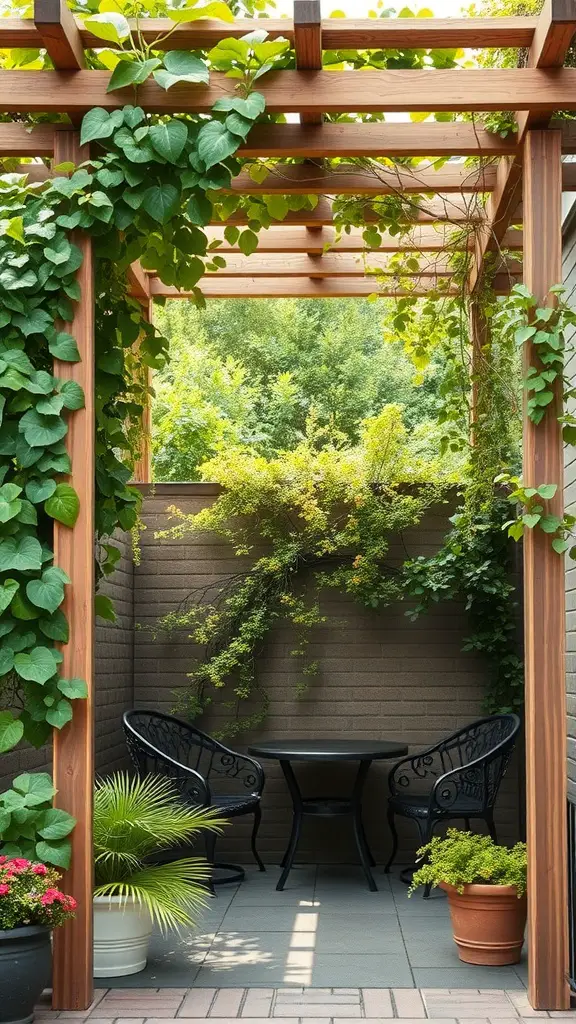 A wooden trellis covered with climbing plants, creating a shaded seating area with potted plants.