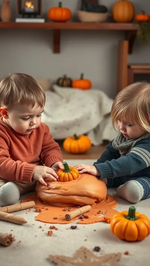 25+ Creative Fall Crafts for Toddlers 15 Two toddlers playing with orange scented pumpkin playdough, surrounded by small pumpkins.