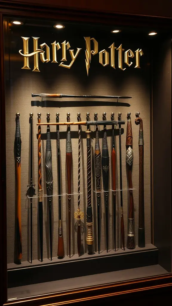 27+ Magical Harry Potter Room Decor Ideas for Every Fan 11 Display case featuring various Harry Potter wands