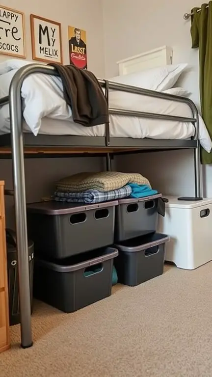 17 Stylish Small Dorm Room Ideas for Limited Spaces 7 Under-bed storage in a small dorm room with bins and a lofted bed.
