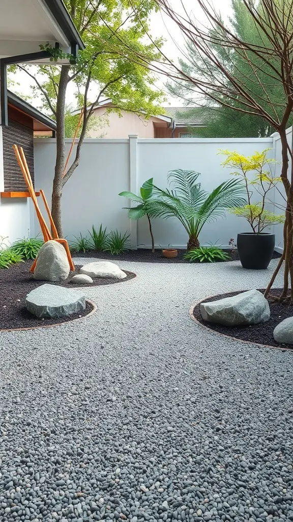 25+ Inspiring Hardscape Backyard Ideas for Your Outdoor Oasis 12 A Zen garden featuring smooth stones, gravel pathways, and lush greenery.