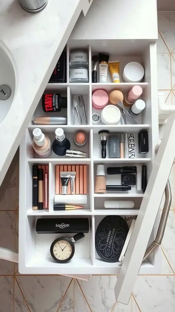 Organized bathroom drawer with dividers separating various beauty products.