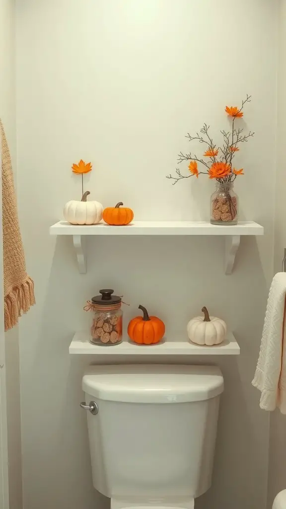 27+ Spooktacular Halloween Bathroom Decor Ideas 2 Bathroom shelves decorated with pumpkins and autumn flowers
