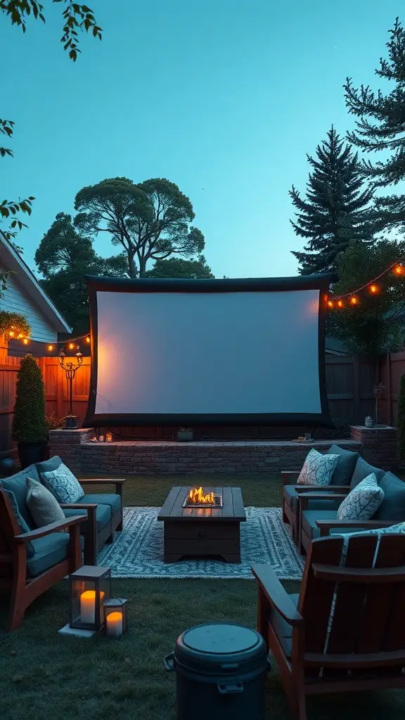 An outdoor movie setup with a large screen, cozy seating, and warm lighting for a backyard birthday party.