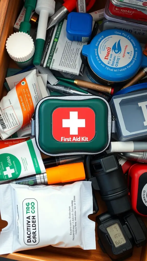19+ Genius Junk Drawer Organization Ideas You Need to Try 14 A cluttered junk drawer with a visible first aid kit and various other items.