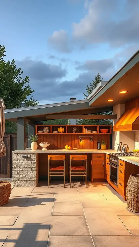 23+ Creative Patio Roof Extension Ideas You’ll Love 17 An outdoor kitchen with a roof extension, featuring wooden cabinets and a stone countertop.