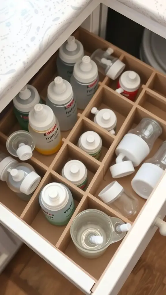 15+ Creative Baby Bottle Organization Ideas for a Clutter-Free Space 7 A neatly organized drawer with baby bottles separated by dividers.
