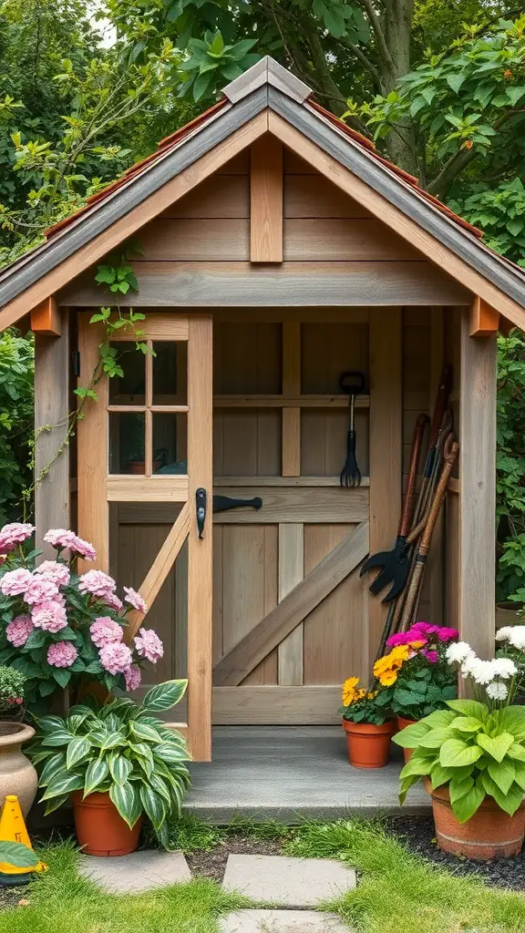 23+ Enchanting Cottage Core Backyard Ideas to Transform Your Outdoor Space 11 A rustic garden shed with a wooden door and colorful flowers in pots around it.