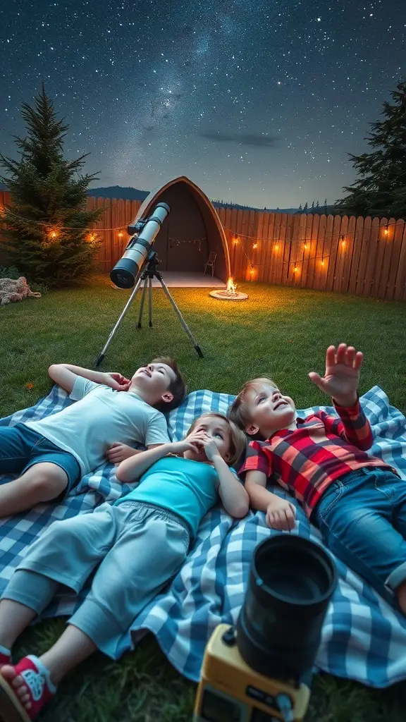 Children laying on a blanket in a backyard, gazing at the starry sky with a telescope nearby.