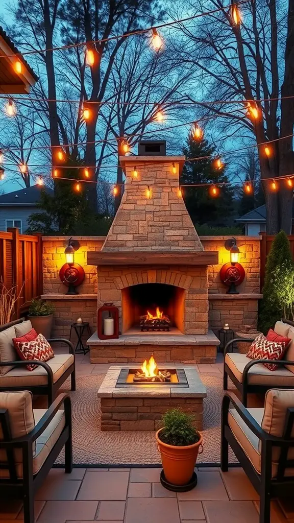 19+ Creative Fireplace Wall Ideas to Transform Your Space 16 Cozy outdoor fireplace wall with stone structure, comfortable seating, and string lights.