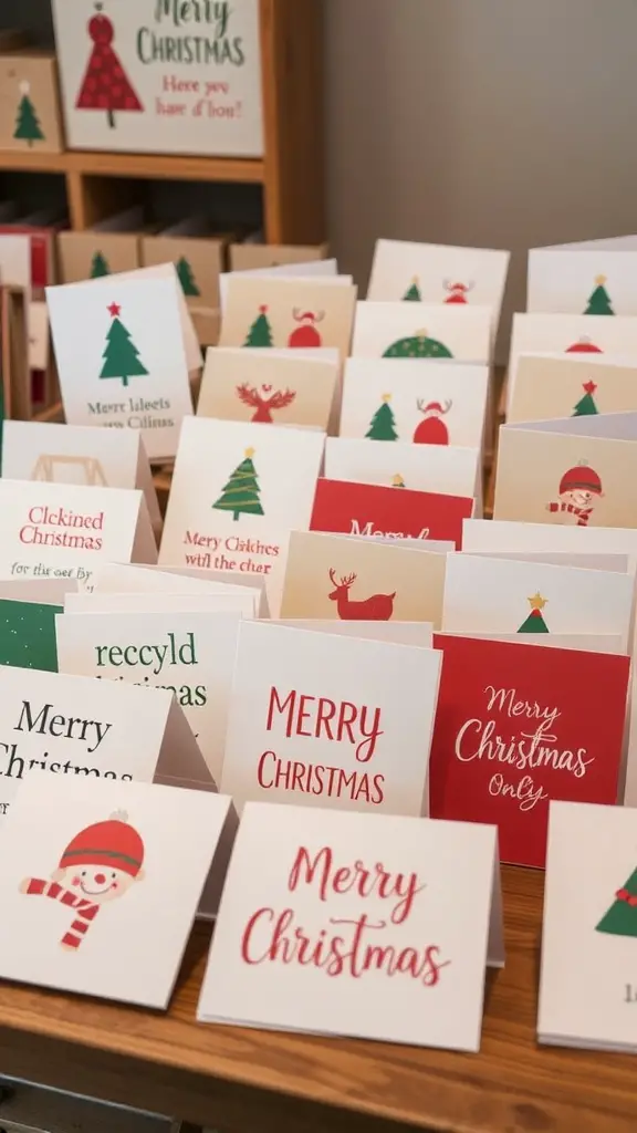 25+ Festive Christmas Craft Ideas to Get You in the Holiday Spirit 2 A collection of colorful recycled Christmas cards displayed on a table.