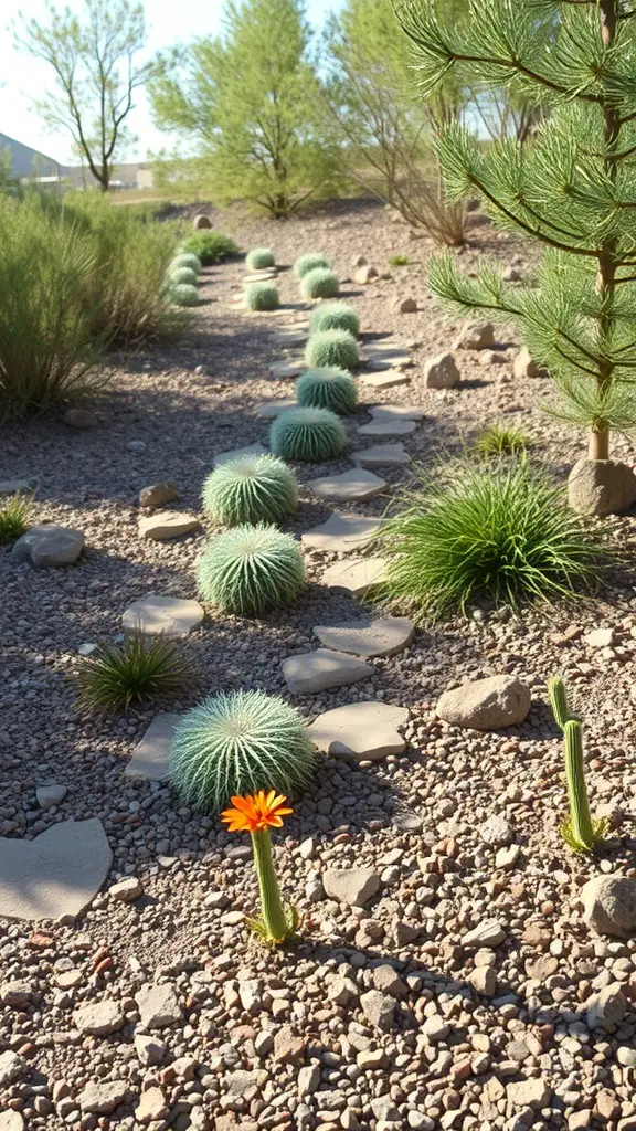 25+ Stunning Desert Landscaping Ideas for Your Front Yard 5 A xeriscaped front yard featuring various cacti and grasses, with a stone path winding through the landscape.
