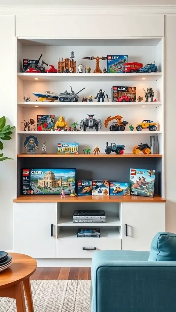 19+ Creative LEGO Organization Ideas for a Tidy Space 9 A stylish display of LEGO sets on shelves, showcasing various builds and boxes.