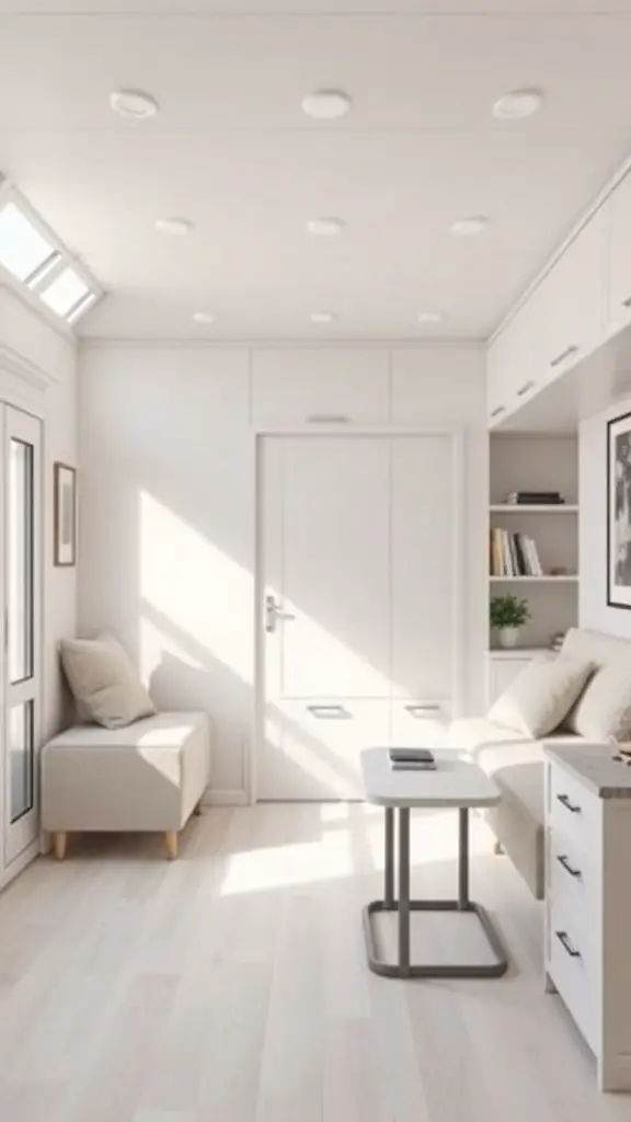 Bright minimalist mobile home interior with a cozy bench, table, and natural light.