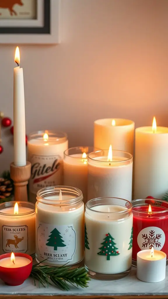 23+ Creative Christmas Crafts for Adults to Try This Holiday Season 2 A collection of holiday-themed candles with festive designs and warm flames.