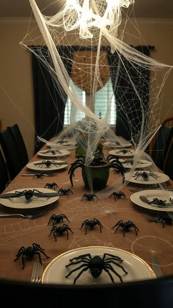 27+ Creative DIY Halloween Decorations You Can Make at Home 6 A dining table decorated for Halloween with spider web and plastic spiders.