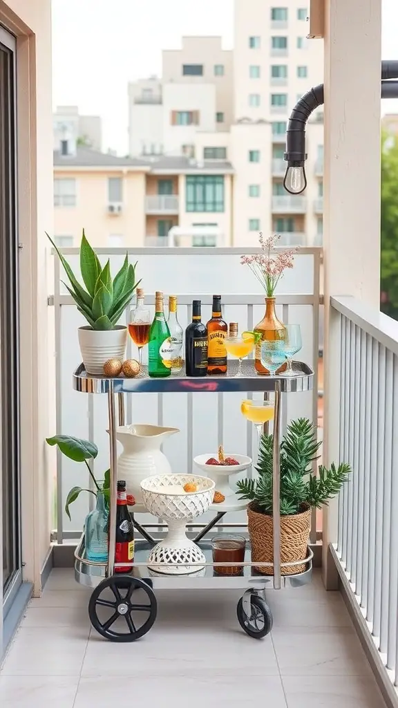 Chic bar cart on a balcony with drinks, snacks, and plants.