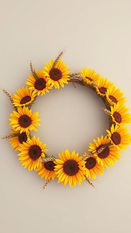 23+ Stunning Fall Wreath Ideas to Welcome the Season 6 A wreath made of sunflowers and wheat on a neutral background.