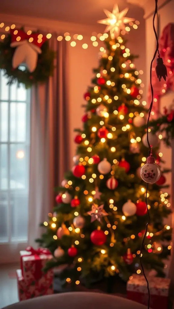 A Christmas tree decorated with red and white ornaments and glowing fairy lights