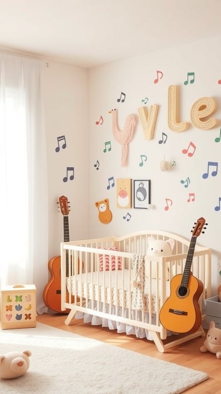 27+ Adorable Baby Nursery Ideas for Boys 15 A cozy baby nursery with musical notes on the wall, two guitars, and a crib.