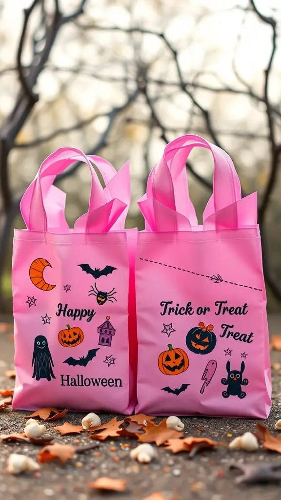 23+ Stunning Pink Halloween Decor Ideas for a Unique Celebration 16 Two pink trick-or-treat bags with Halloween designs, featuring pumpkins, bats, and ghosts.