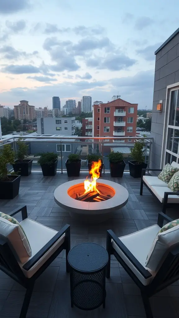A modern balcony featuring a circular fire pit surrounded by comfortable chairs and city skyline in the background.