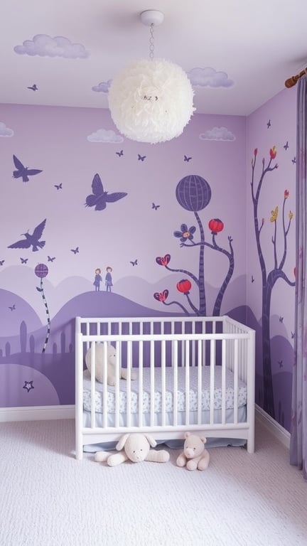 29+ Adorable Purple Nursery Ideas for Your Little One 14 A nursery with purple murals featuring trees, butterflies, and playful characters, with a crib and plush toys.