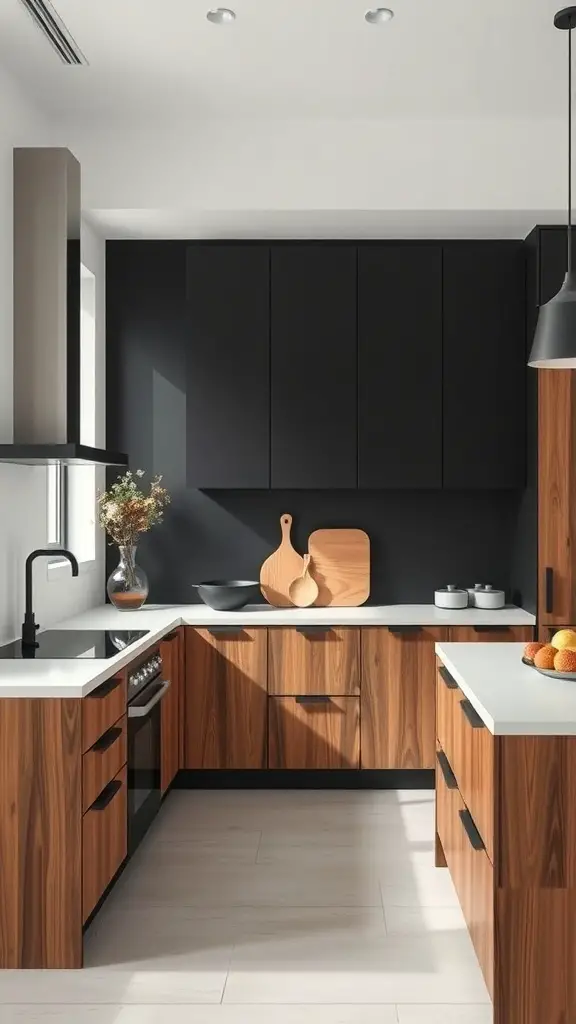 27+ Stunning Black and Natural Wood Kitchen Designs You’ll Love 14 A modern kitchen featuring black cabinetry and natural wood accents.