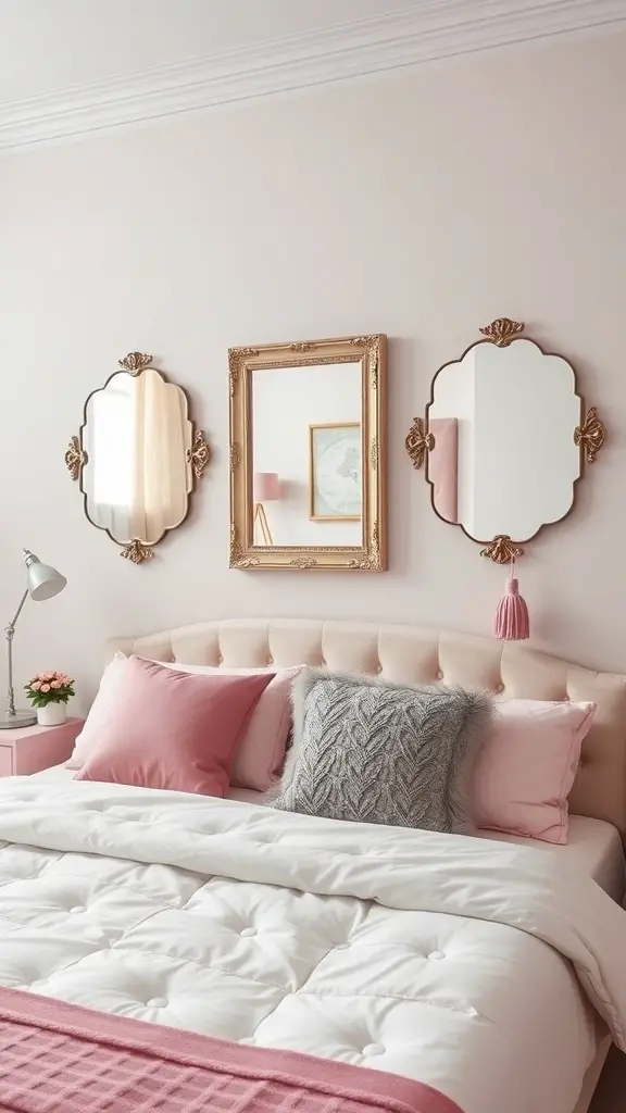 25+ Stunning Pink and Grey Bedroom Ideas for a Chic Retreat 13 A pink and grey bedroom featuring elegant mirrors on the wall.