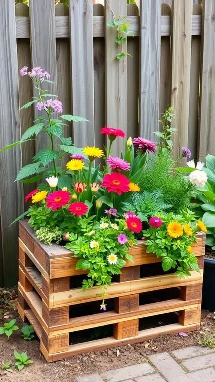 17+ Creative Mini Garden Ideas for Small Spaces 8 A colorful pallet planter filled with various flowers against a wooden fence.